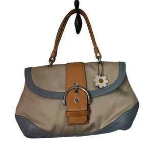 Coach 2004 Daisy Flap Hampton Cream Sateen & Blue/Tan Leather Purse EUC